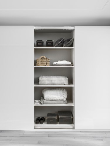Contemporary bedroom design includes storage space
