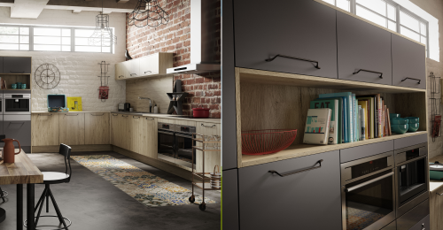 Kitchen showcasing the industrial kitchen style with Rustic Oak and Anthracite kitchen doors with matt black handles. Kitchen has black floor brick walls and a window