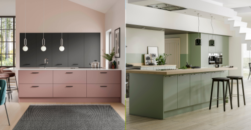 two kitchen styles shown, one is green and the other is pink with bar stools at a breakfast bar and hanging lights over an island space