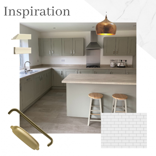 Mood board showing cranbrook sage kitchen with a selection of finishing touches available through to Symphony Additional Units service 