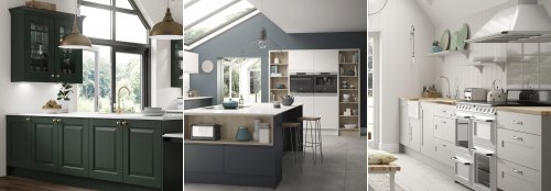 Three kitchens are shown a deep green wexford classic kitchen, our indigo and white new york handleless and then a platinum colour cranbrook shaker kitchen